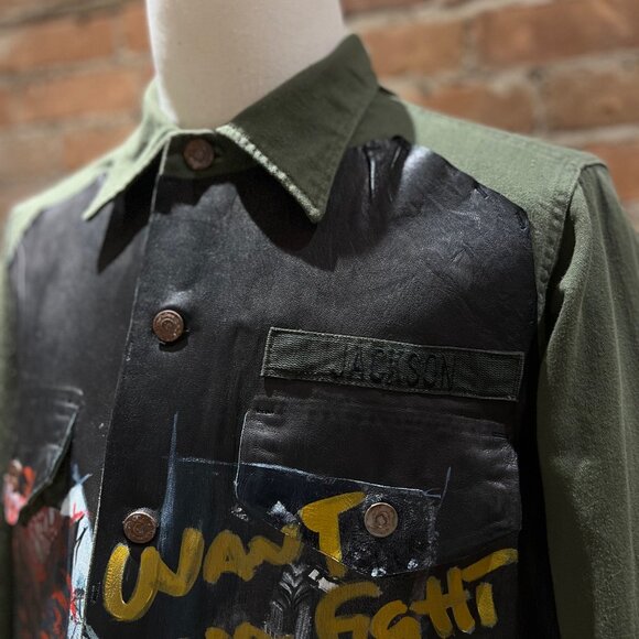 Pihakapi “Wanna Fight No More” Mixed-Media Leather & Wool Jacket - Picture 7 of 11